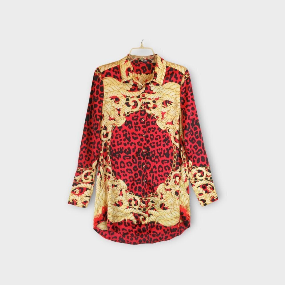 Guess Red Gold Button Up Tunic Blouse Size S